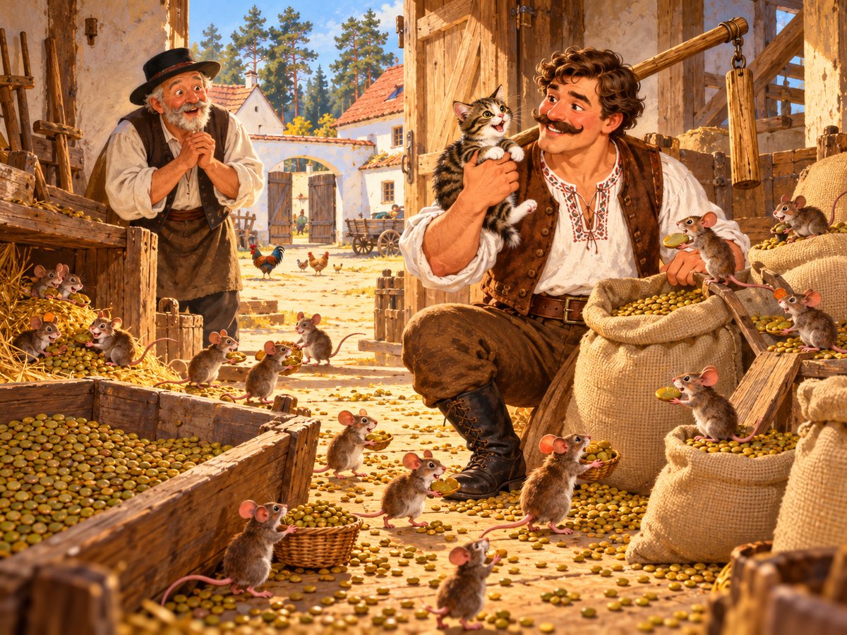 Macek drží v ruke mačiatko, gazda Vendelín sa teší a myši zbierajú šošovicu do košíkov v sýpke
