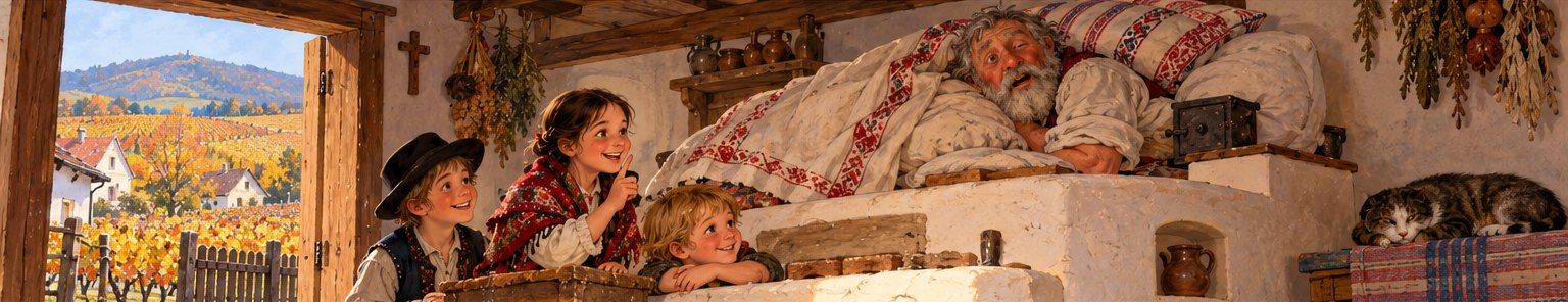 Deti sa potichu prikrádajú k veľkej peci, na ktorej pod perinou chrápe starý peciar dedko Kachlík, vedľa spí mačka