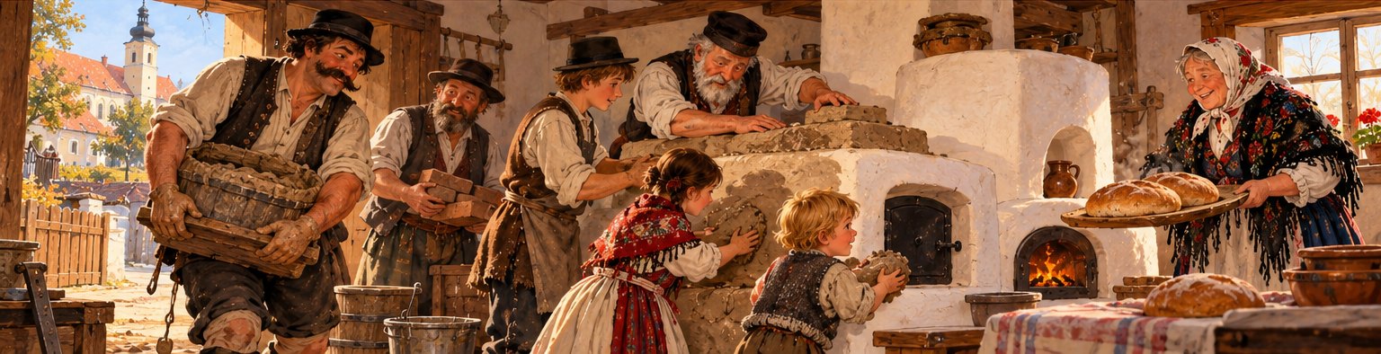 Murár Šimon nesie vedro hliny, dedkovia a deti ukladajú tehly a hlinu do novej pece, babka drží bochníky chleba a v peci horí oheň