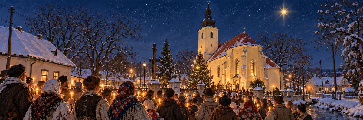 Ľudia v zimných krojoch so sviečkami stoja pred osvetleným kostolom svätého Vojtecha, nad ním svieti veľká hviezda